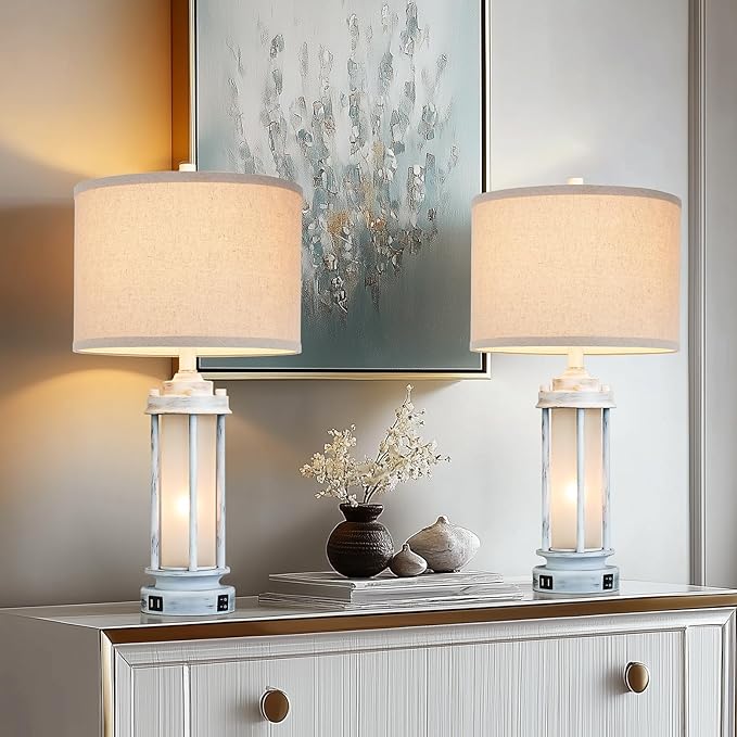 25" Rustic Table Lamps Set of 2, Vintage Nightstand Lamps with 2 USB Ports, Farmhouse Antique White Desk Lamp with Glass Night Light for Living Room Bedroom Dorms, 4 Bulbs Included