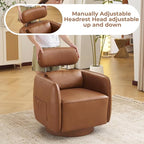 Modern 360° Leather Swivel Accent Chair with Adjustable Headrest, Chenille Accent Chair for Living Room, Vanity Chair for Makeup, Swivel Barrel Chair with Lumbar Pillow, Comfy Barrel Armchair, Camel