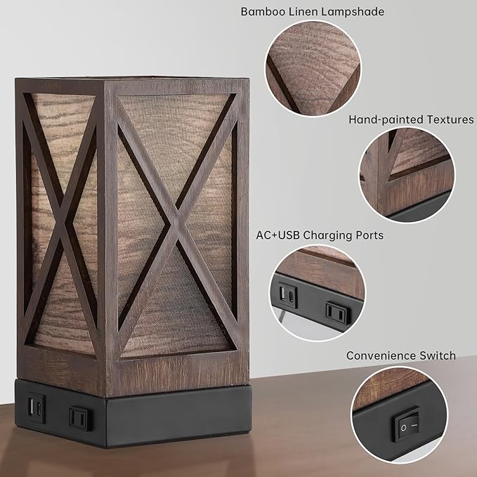 Table Lamp, Set of 2 Rustic Farmhouse Nightstand Lamps, 3 Color Temperatures Desk Lamp with USB Charging Ports AC Outlet Vintage Lamp for Living Room Bed Room, Brown Tiger Pattern