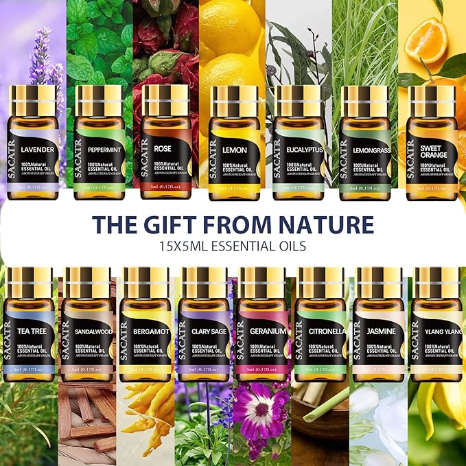 SACATR Essential Oil Diffusers for Home with 15 Oil Diffuser Sets, 500ml Aroma Diffuser for Essential Oils Large Room, Ultrasonic Cool Mist Diffuser Auto Shut-Off 4 Timers 15 Colors (15x5mL)