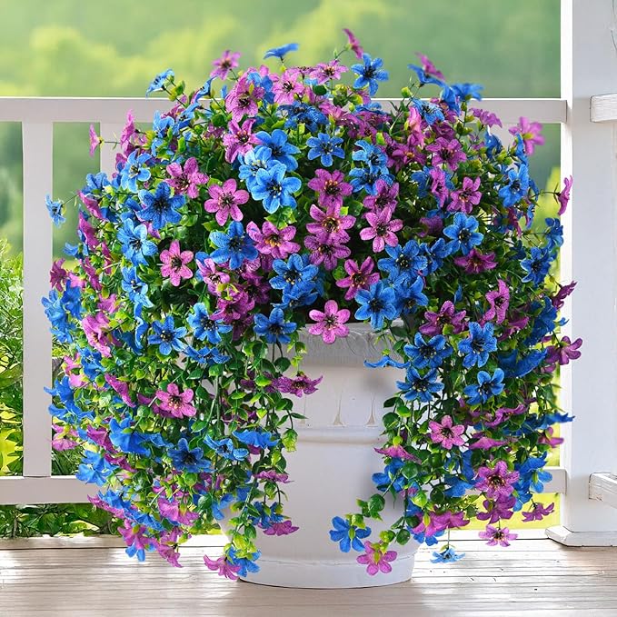 Artificial Fake Hanging Flowers Plants for Outdoor Spring Decoration, 2 PCS Faux Silk Daisy Flower UV Resistant Look Real for Outside Patio Porch Garden Balcony Yard Home Summer Decor(Perple Blue)