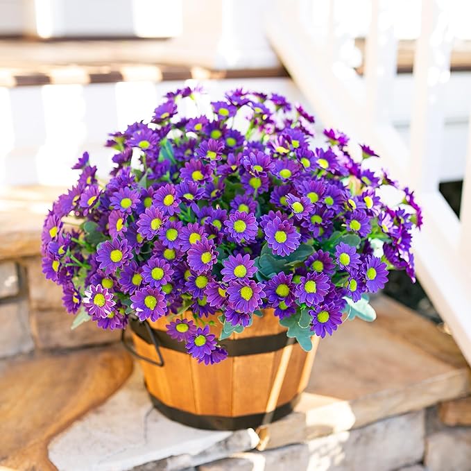 Daisy Artificial Flowers for Outdoors Summer Fall Decoration, 6 Bundles Fake Mums Purple Silk Flowers for Outside Look Real UV Resistant Faux Flowers Plants for Planter Front Door Home Indoor Porch