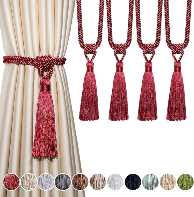 Fenghuangwu Curtain Tiebacks Tassel Tie-Backs, Rope Curtain tie Backs Handmade Curtain Holdbacks Made from Polyester (red, 4p)