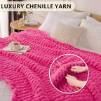 L'AGRATY Chunky Knit Blanket Throw: 50''x60'' Chenille Chunky Knitted Throw Blanket for Bed Couch - Handmade Thick Big Cable Knit Blankets - Large Crochet Rope Blanket for Home Decor(Hot Pink)