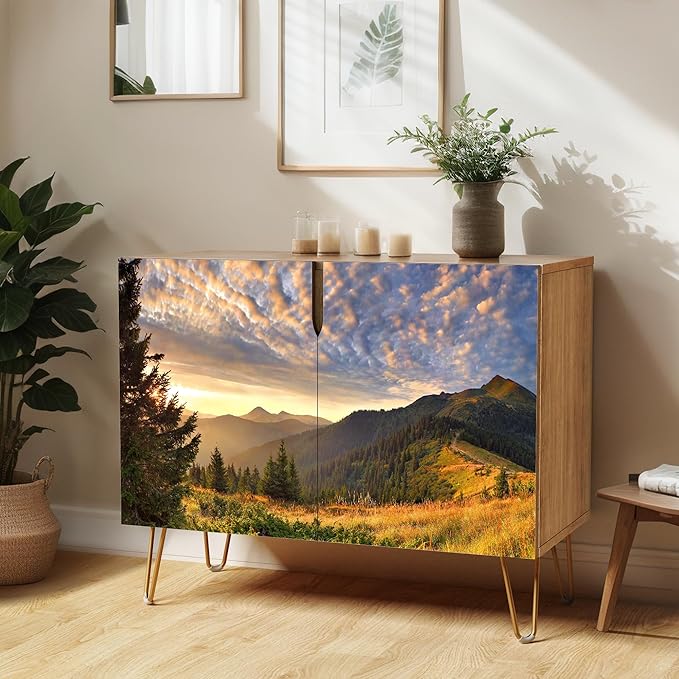 SIGNWIN Sideboard Buffet Cabinet, Kitchen Storage Cabinet with 2 Doors, Sunset Sky Autumn Mountain Valleyism, Cupboard Console Table for Dining Room - 35" L x 18" W x 29" H