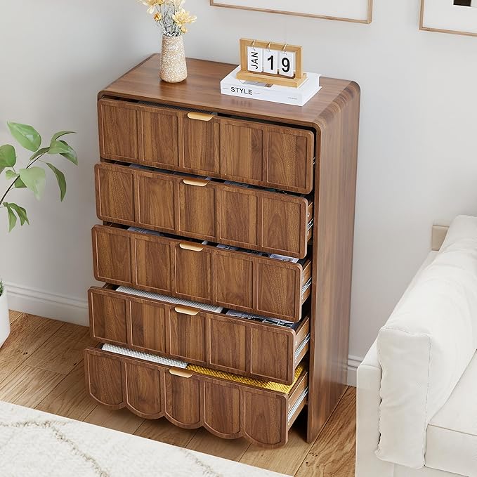 5 Drawer Dresser for Bedroom, Modern Closet Chest of Drawers with Wave Fluted Drawer, Wood Storage Small Dresser Organizer for Nursery Bedroom Living Room Hallway Closet (Walnut)