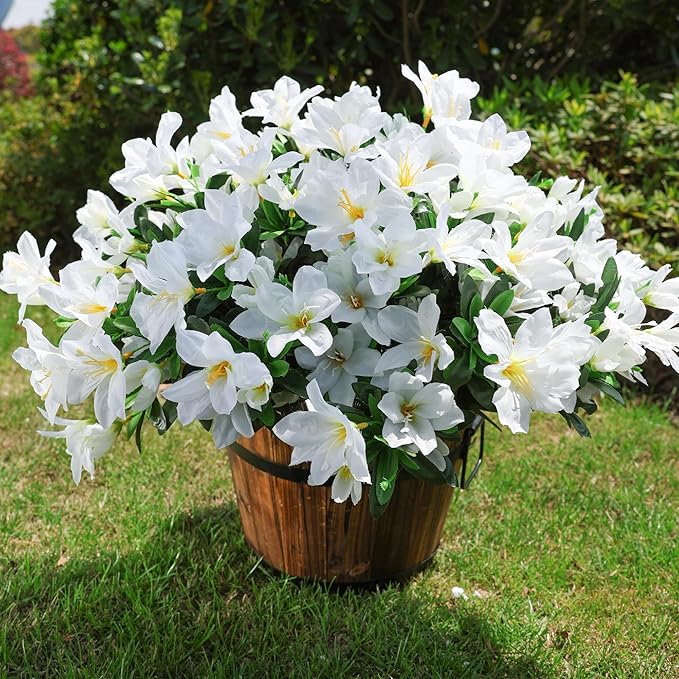 Artificial Flowers for Outdoors, 3 Bundles Fake Silk Azalea Bouquet Faux Flower Plants Outside Decoration UV Resistant Realistic Fake Flowers for Planter Front Door Patio Garden Walkways Home, White