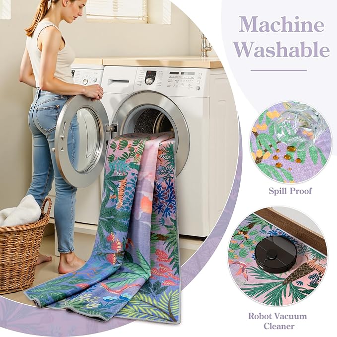 LIVEBOX Machine Washable Area Rugs 8x10 Lavender Girls Bedroom Rug, Soft Ultra-Thin Nursery Girl Carpet for Living Room, Jungle Purple Rugs for Girls Room, Lilac Rug for Nursery Room