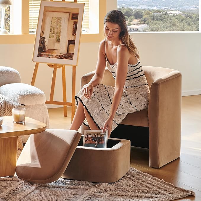 Mid-Century Velvet Living Room Chair Set of 2 with Storage Ottoman, Space-Saving Accent Chairs for Bedroom/Reading Spaces/Office, Khaki