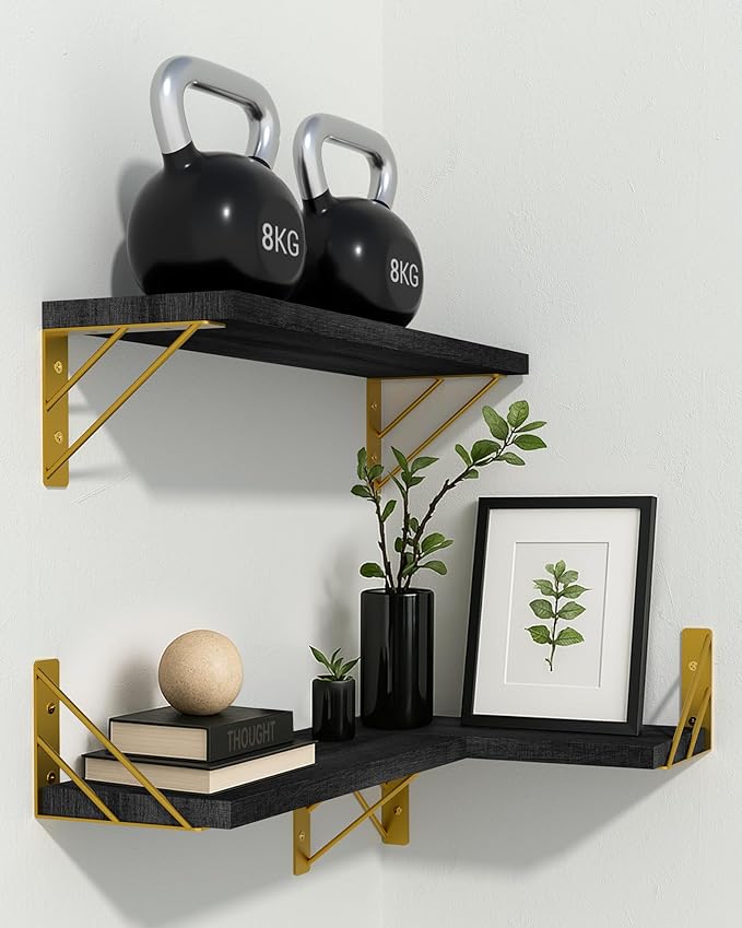 BAYKA Wall Shelves for Bedroom Decor, Floating Wall Shelves for Living Room Kitchen Storage, Wall Mounted Rustic Wood Floating Shelves for Kids Books, Corner Shelves for Bathroom, Office(Set of 3)