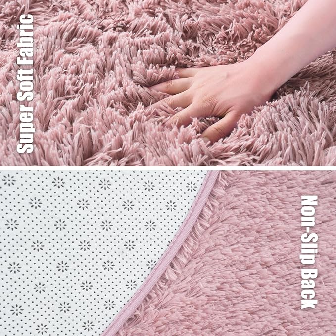 Fluffy Round Area Rugs for Bedroom,Blush 5'X5'Shag Circle Area Rugs for Living Room,Non Slip Fuzzy Plush Rug for Kids Room Boys Girls Room and Dorm