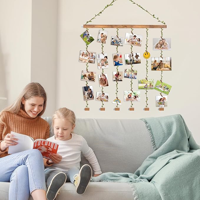 Wooden Hanging Photo Display Pictures Holders with 30 Clips,Picture Collage Frames for Wall,Suitable for Home Office Nursery Bedroom Room Dorm-Carbonized Black