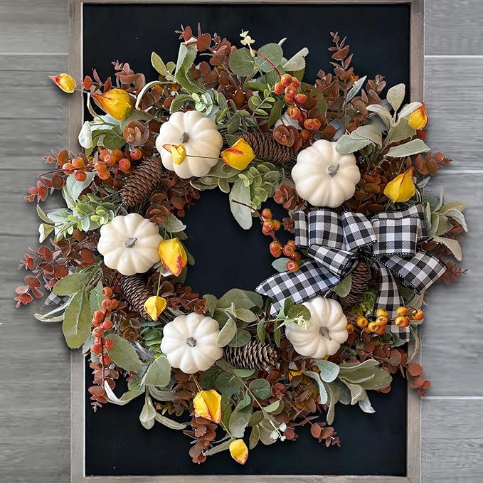 WANNA-CUL 24 inch Large Farmhouse Fall Wreath Decor for Front Door with White Pumpkin,Cotton,Lamb's Ear and Eucalyptus Leaves,Harvest Door Wreath for Autumn or Thanksgiving Decorations