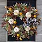 WANNA-CUL 24 inch Large Farmhouse Fall Wreath Decor for Front Door with White Pumpkin,Cotton,Lamb's Ear and Eucalyptus Leaves,Harvest Door Wreath for Autumn or Thanksgiving Decorations