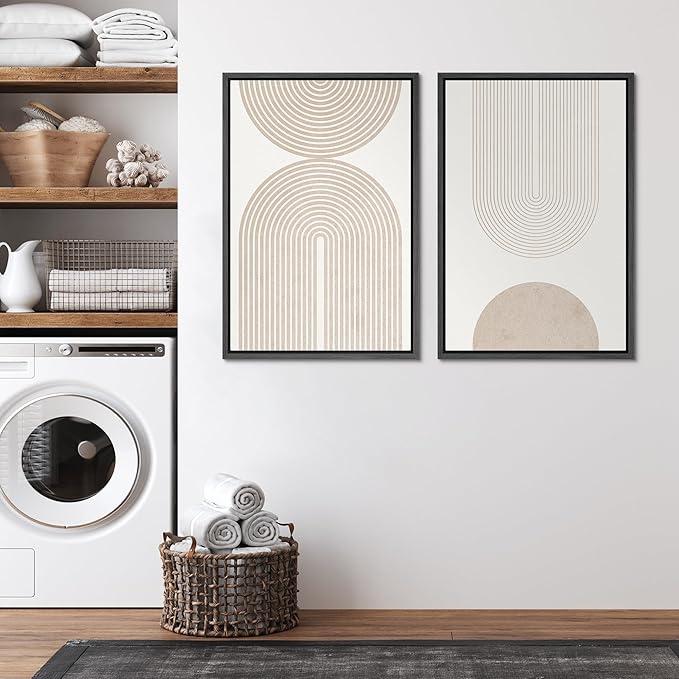 SIGNFORD Framed Canvas Print Wall Art Set Beige & White Duotone Geometric Spiral Polygons Abstract Shapes Illustrations Modern Art Decorative Minimalist Relax/Cozy for Bedroom - 24"x36"x2 Black