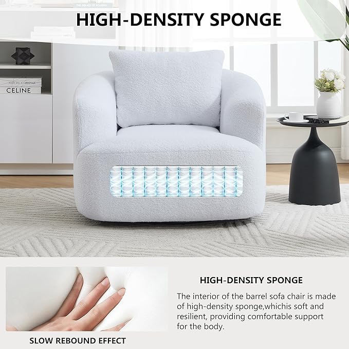 Luxlen Swivel Accent Chair with Pillow for Living Room, Teddy Fleece Upholstered Single Sofa, 360° Rotating Barrel Chair with Metal Base for Bedroom, Office, Apartment - White