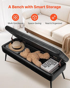 VEVOR Leather Storage Ottoman Bench, PU Leather Bench with Storage and Metal Legs, Modern Shoe Benches Seat for Entryway, Upholstered End of Bed Benches for Living Room, Dining Room, Hallway, Black