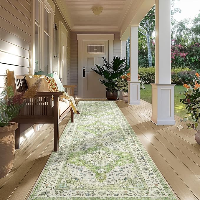 Topllen Runner Rug - 2'x10' Boho Washable Kitchen Rug, Non-Slip Soft Low Pile Rugs Indoor for Hallway Hall Living Room Bedroom Sunroom, Vintage Throw Stair Carpet Stain Resistance (Green, 2x10ft)