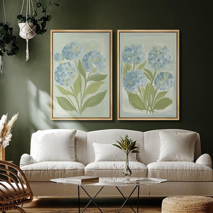 SIGNFORD Framed Canvas Print Wall Art Set Soft Hydrangea Pair Light Blue Florals with Green Leaves Illustration Modern Art Decorative Nature for Living Room, Bedroom, Office - 16"x24"x2 Natural