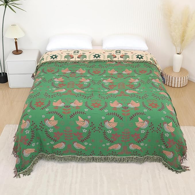 Boho Throw Blanket for Bed, 100% Pure Cotton Ultra Soft Rustic Quilt, Farmhouse Decor Bed Blankets, All Season Rustic Throw for Sofa Couch Chair(91''x 98'', Bird B)