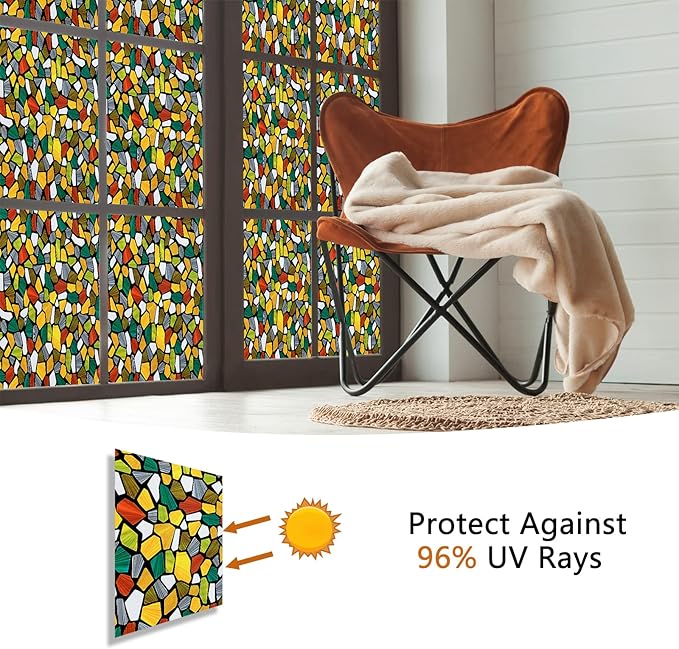 Volcanics Decorative Stained Glass Window Privacy Film with Installation Tools– Static Cling Privacy Sticker for Home & Church, Non-Adhesive, Anti-UV & Heat Blocking, 17.5 x 78.7 Inches