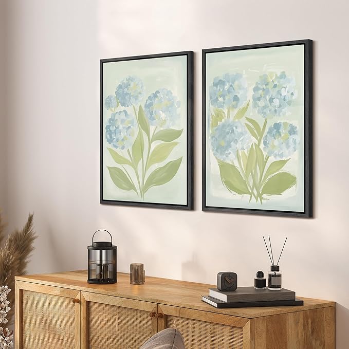 SIGNFORD Framed Canvas Print Wall Art Set Soft Hydrangea Pair Light Blue Florals with Green Leaves Illustration Modern Art Decorative Nordic Nature for Living Room, Bedroom, Office - 16"x24"x2 Black