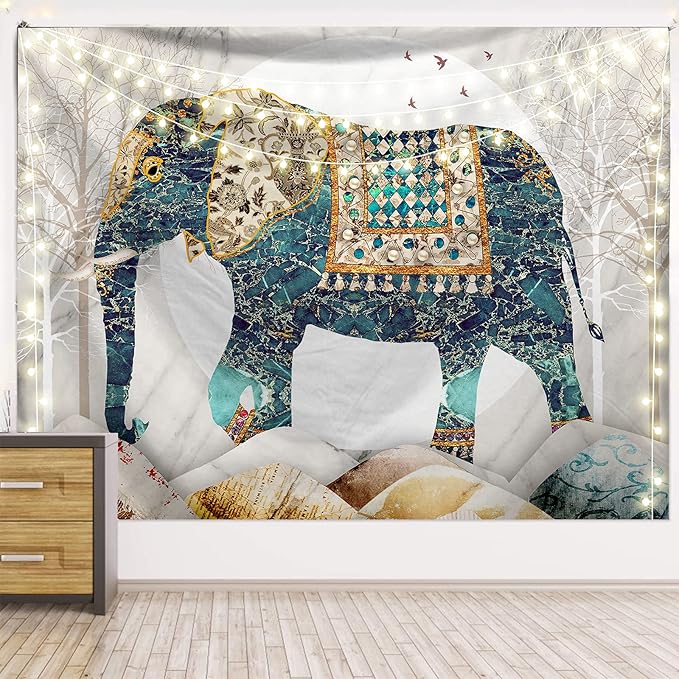 Elephant Tapestry, Forest Moon Tapestries, Bohemian Hippie Boho Trippy Indie Aesthetic Wall Tapestry, Watercolor Yoga Mystic Vintage Wall Hanging, Home Decor for Bedrooms Living Rooms Dorm Studios