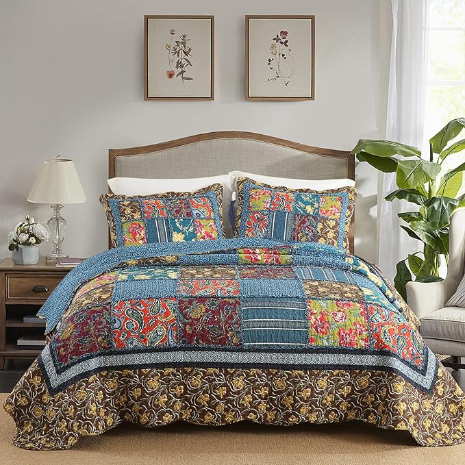 Yvooxny King Quilt Set Reversible Paisley King Size Quilted Bedspread Coverlet Set Country Farmhouse Cottage Quilted Bedding Set with Pillowcases for All Seasons, King Size, 108 * 96 Inches