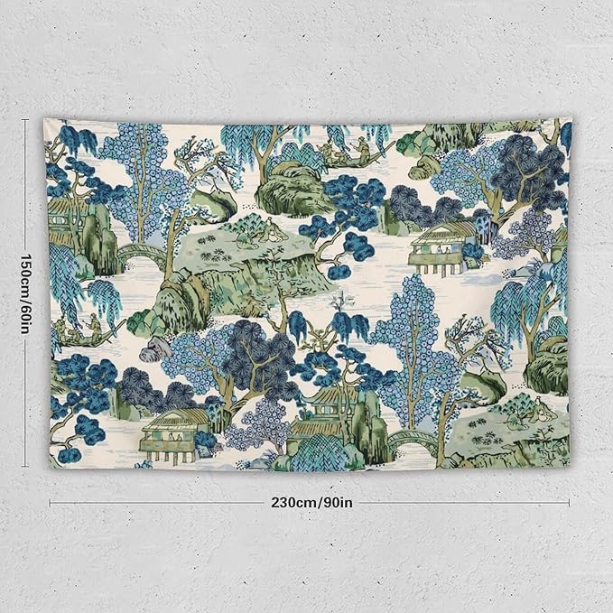 Chinoiserie Tapestry, Asian Watercolor Abstract Art, Japanese Wall Tapestry, Nature Landscape Tapestries for Bedroom, Living Room Decor 90"x60"