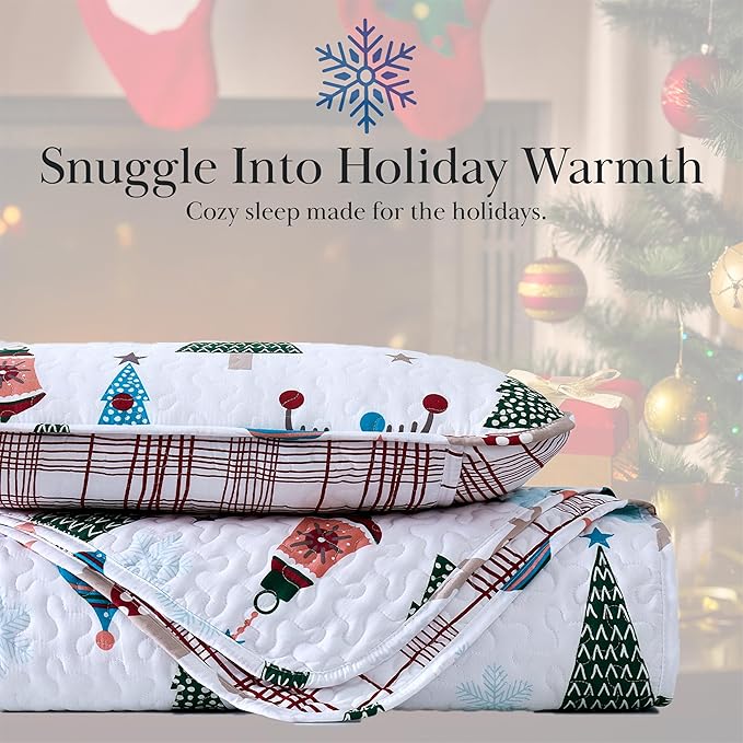 Southshore Fine Living, Inc. Christmas Bedding Set, Twin Size Christmas Quilt Set with Matching Pillow Sham, Holiday Bedding Set, Reversible Quilt, Cute Trees & Reindeer Over Red Plaid Print