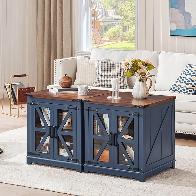 Farmhouse End Table with Charging Station Set 2, 24" Large Sofa Side Table with Glass Barn Door, Blue Nightstand with Adjustable Storage Shelf,Wood Square Bedside Table for Living Room,Bedroom