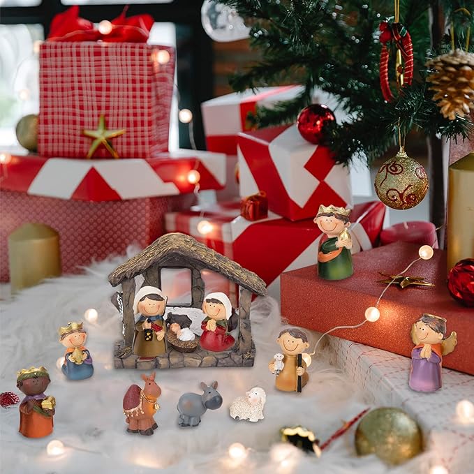 taman Nativity Figurines Resin Ornaments Set,12 Pieces Tabletop Scenes Xmas Gifts Collectibles for Christmas Holiday Decorations