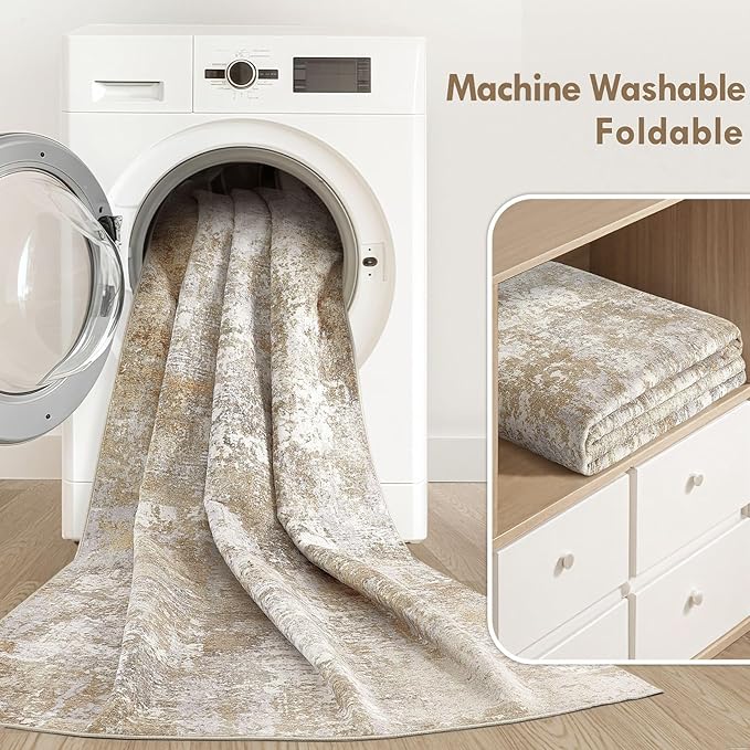 Tortania Washable 8' Round Area Rug for Living Room: Modern Abstract Neutral Large So' Thin Rugs - Non Slip Indoor Carpet for Bedroom Dining Room Office Nursery Home Floor Decoration - Brown Grey