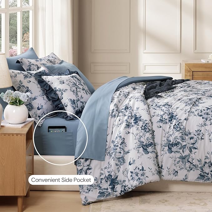 Queen Comforter Set -7 Pieces Floral Blue Comforter Set for All Seasons, Bed in a Bag Queen with Botanical Flowers Comforter, Sheets, Pillowcases & Shams