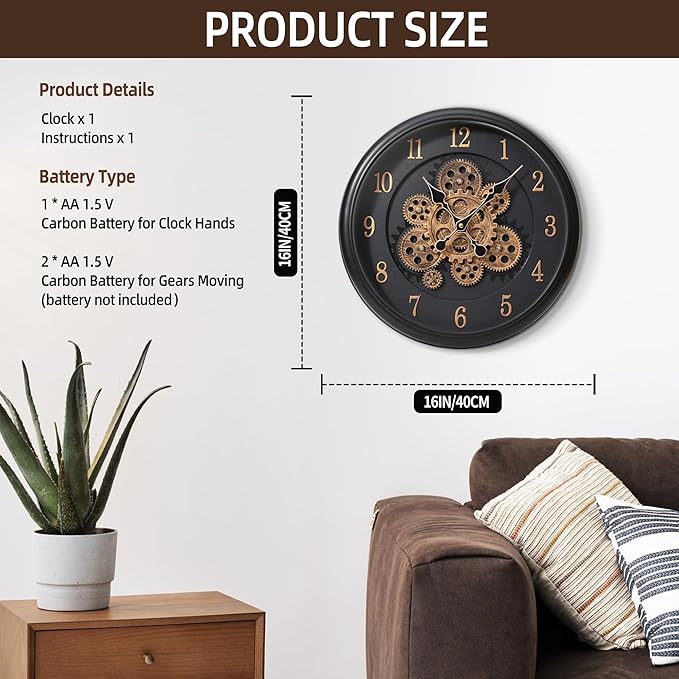 Maxstar Large Moving Gear Wall Clock,16" Vintage Mechanical Battery Operated Industrial Wall Clocks for Farmhouse Living Room,Home Office, Dinning Room, Kitchen, Steampunk Decor-Black,Arab Numeral