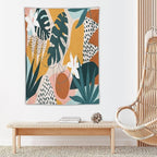 Abstract Bohemian Mid Century Tapestry, Tropical Leaves Modern Geometric Archway Minimalist Bohemian Botanical Aesthetic Wall Hanging, Sage Green Gold Home Decor Art for Bedroom 40x60 Inch