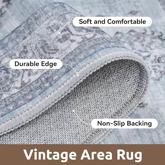 AMOAMI-Vintage Area Rug 6X9 Blue Rugs for Living Room-Soft Living Room Rug Non Slip Rugs for Bedroom Carpet Machine Washable Rug for Dining Room Bedside Office Room Decor