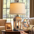 QiMH Table Lamp for Living Room, Farmhouse Lamps with USB A+C and Nightlight, 26" Rustic Bedside Lamps with 3-Way Dimmable Touch Control, Nightstand Lamp for Bedroom, Wood Grain, 1 Pack