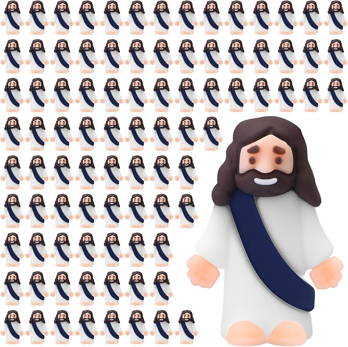 Bememo 100 Pcs Jesus Toys Original Design Mini Rubber Little Jesus Figurine to Hide and Seek Religious Party Favors Sunday School Craft Baptism Gifts for Easter Egg Stuffers (Navy Blue)