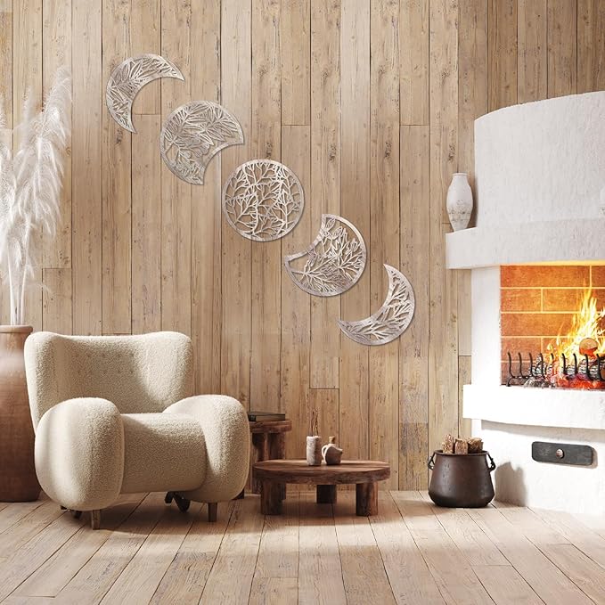 Jetec 5 Pcs Moon Phase Wall Art Decor Wall Pediments Hanging Wooden Moon Phase Spiritual Bedroom Nordic Boho Lunar Aesthetic Art for Living Room Dorm Apartment Bar Ornament(Retro Color,15.75 Inch)