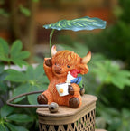 Garden Gnome with Highland Cattle 6.5“ Figurine Ornament for Indoor Outdoor Home Patio Yard Lawn, Red Hat, Blue Outfit, Indoor Outdoor Decorative Statue