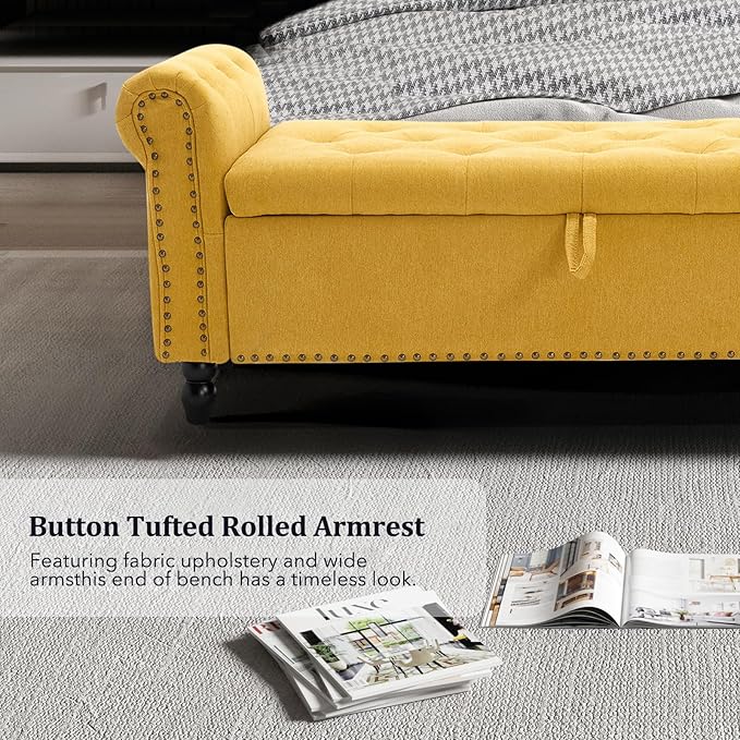 Furniliving 55” End of Bed Bench, Bedroom Bench with Button-Tufted, Large Upholstered Storage Ottoman Benches Window Bench with Storage Shoe Cabinet Bench, for Bedroom, Living Room, Linen, Yellow