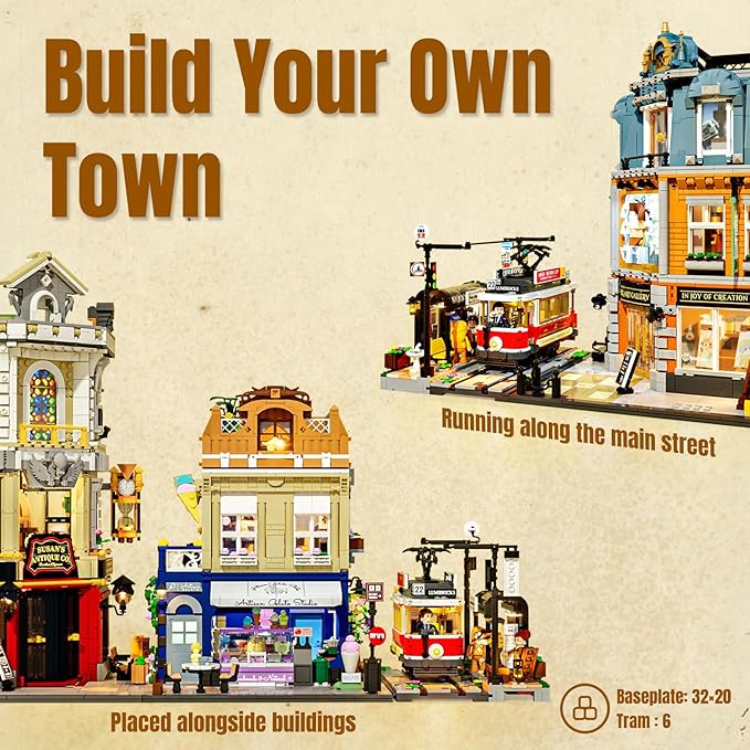 Heritage Tram and Station Lighting Building-Bricks Set - 1274 Pcs City Streetcar Modular Collection Old Town Downtown Display Model for Adults & Teens & Tram Enthusiasts