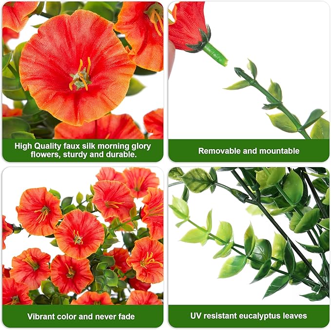 Artificial Faux Fall Hanging Flowers Plants for Outdoor Decor,2 PCS Fake Silk Morning Glory with Eucalyptus UV Resistant Realistic Mums for Wall Home Porch Patio Balcony Yard Indoor Decor, Orange