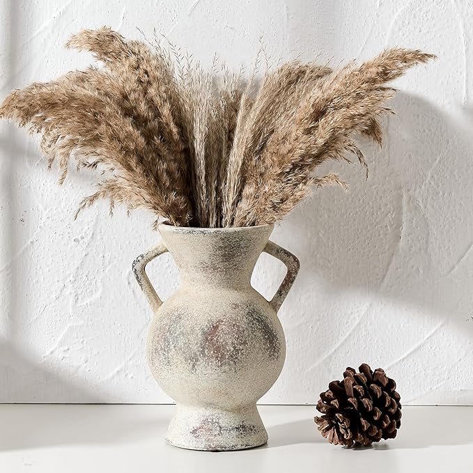 LUKA Antique Ceramic Vase with 2 Handle,9.25 inches Rustic Vase Minimalist Decor, Decorative Vases for Home Decor, Table, Living Room, Shelf, Christmas Decoration(Large,Gray)