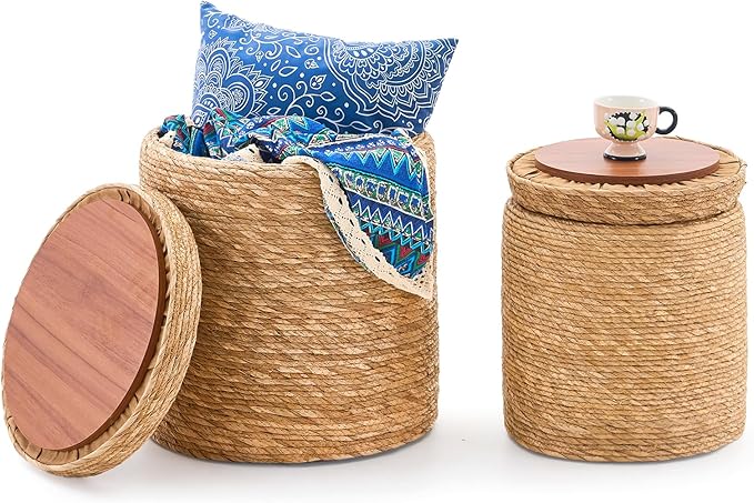 Wimarsbon Round Pouf Ottomans, Handwoven Natural Water Hyacinth Seagrass Pouffe,Outdoor Rattan Stool Accent Seat, Bohemian Coastal Home Decor (Cattail Nested Set-Natural)