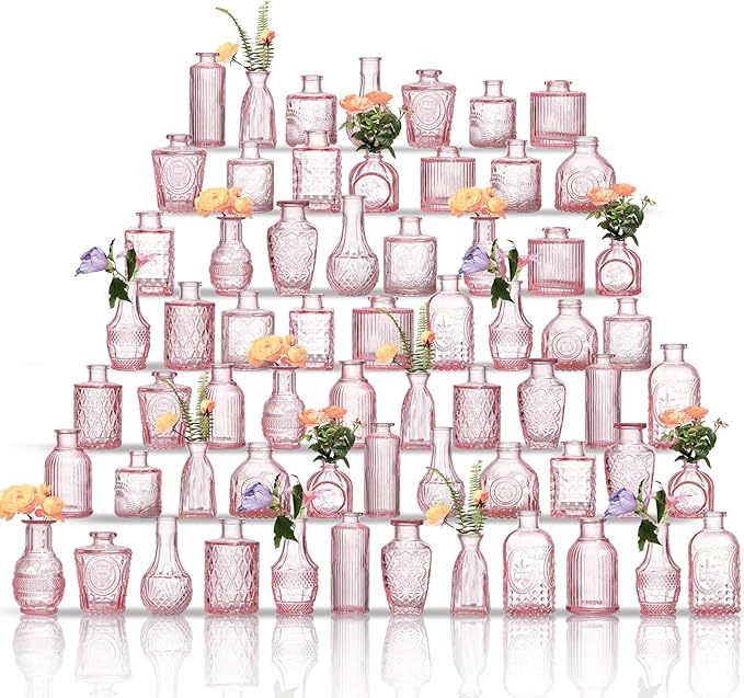 Glass Bud Vases Set of 64 - Pink Assorted Small Mini Glass Vases for Flowers, Crystal Vintage Vase Set, Bulk Centerpieces for Table Décor, Wedding, Home and Events (Pink, 64 Pcs)