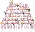 Glass Bud Vases Set of 64 - Pink Assorted Small Mini Glass Vases for Flowers, Crystal Vintage Vase Set, Bulk Centerpieces for Table Décor, Wedding, Home and Events (Pink, 64 Pcs)