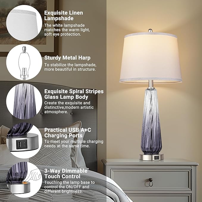 Glass Table Lamps Set of 2, Modern Bedside Lamps for Bedrooms with USB A+C Ports, 3-Way Dimmable Touch Control Nightstand Lamp with White Linen Shade, 27.5" Large Lamps for Living Room Decor, Grey