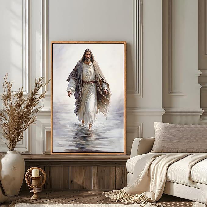 Fantasy Artists Framed Jesus Christ Wall Art Jesus Walking On Water Canvas Wall Decor Christian Painting Prints Biblical Religious Room Decor for Church Prayer Room Christian School Hospital 16" x 24"
